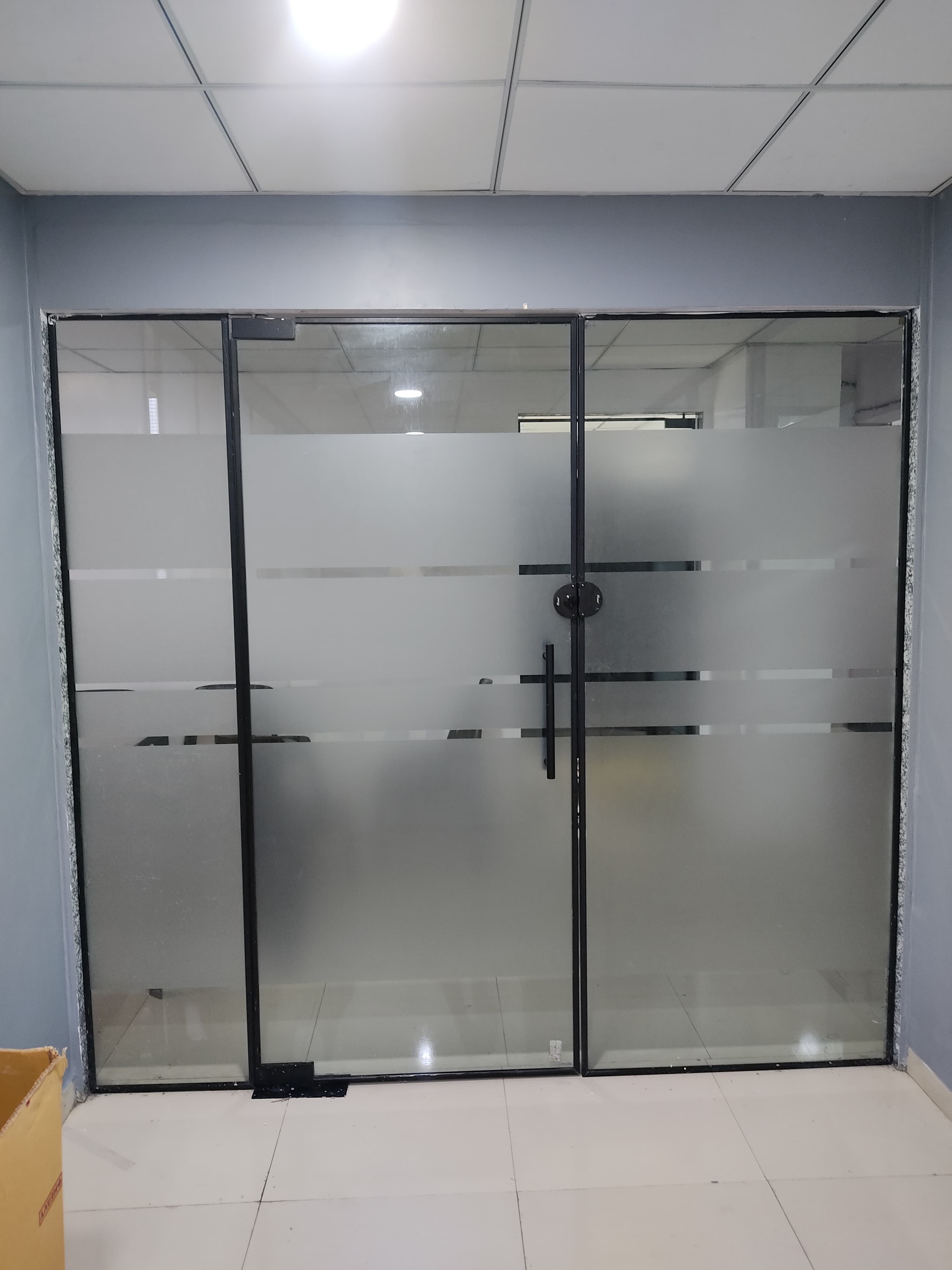 Frosted glass cabin entrance with double door