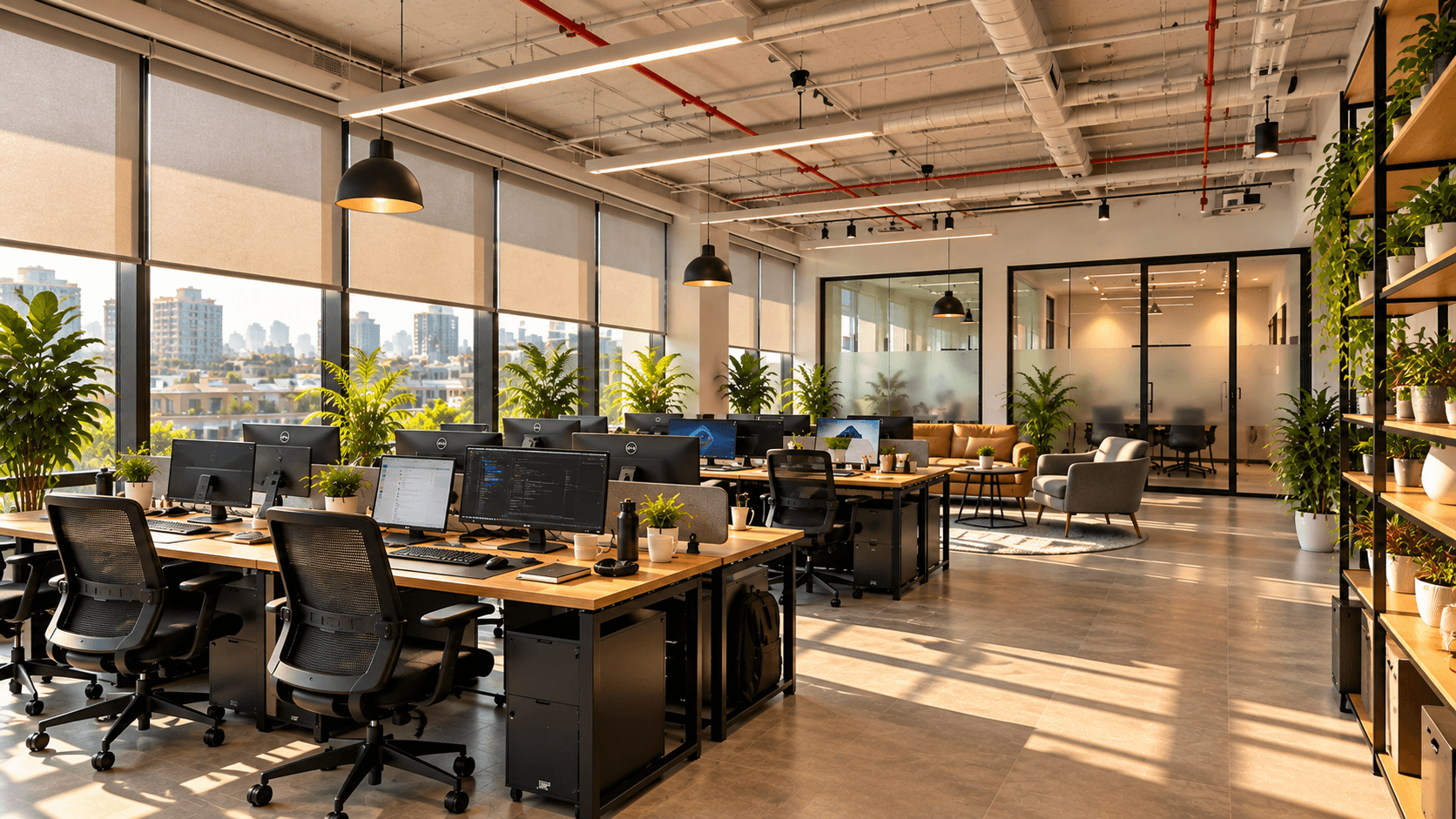 Open office area with desks and chairs