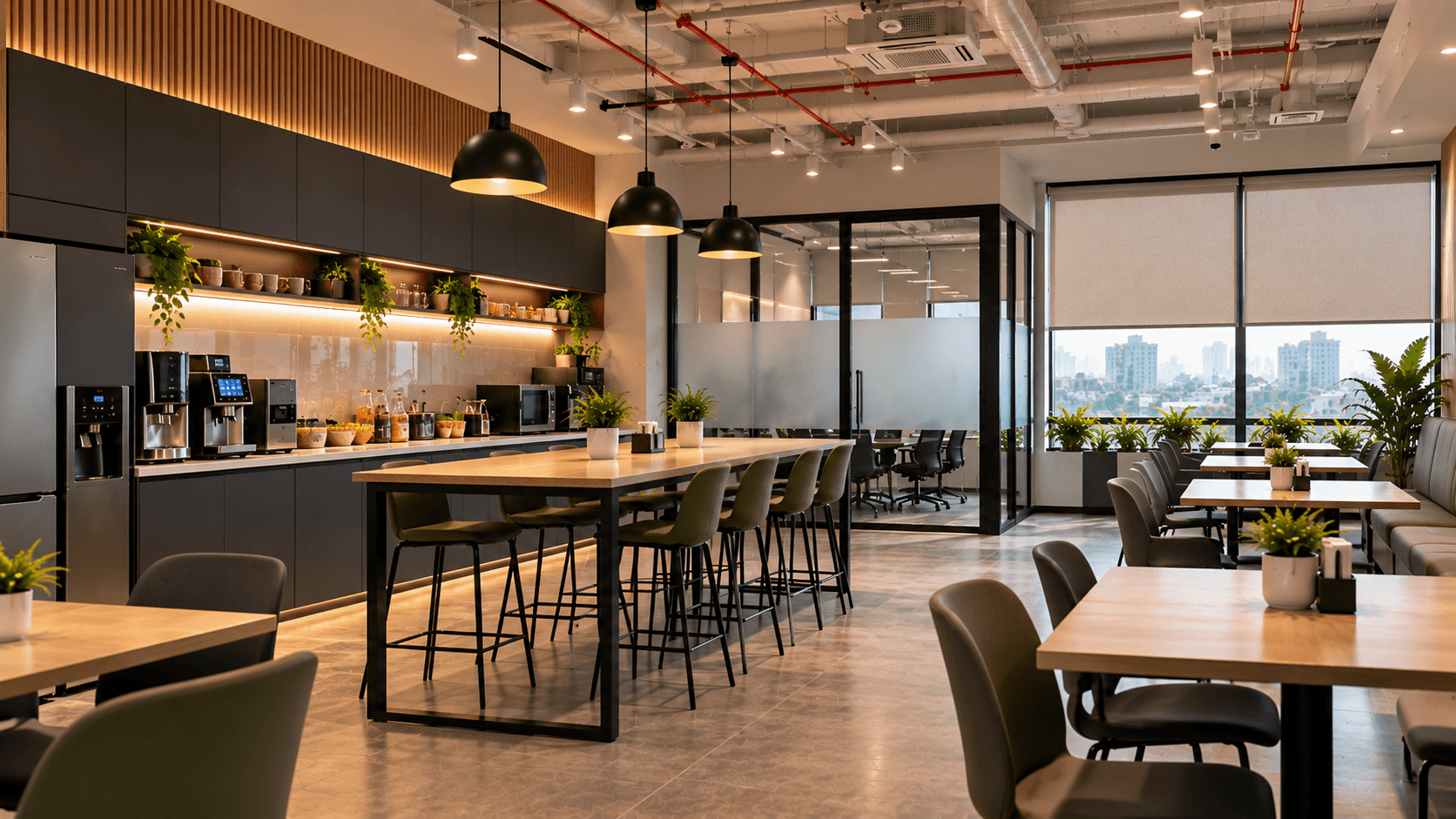 Pantry area with coffee machine and seating